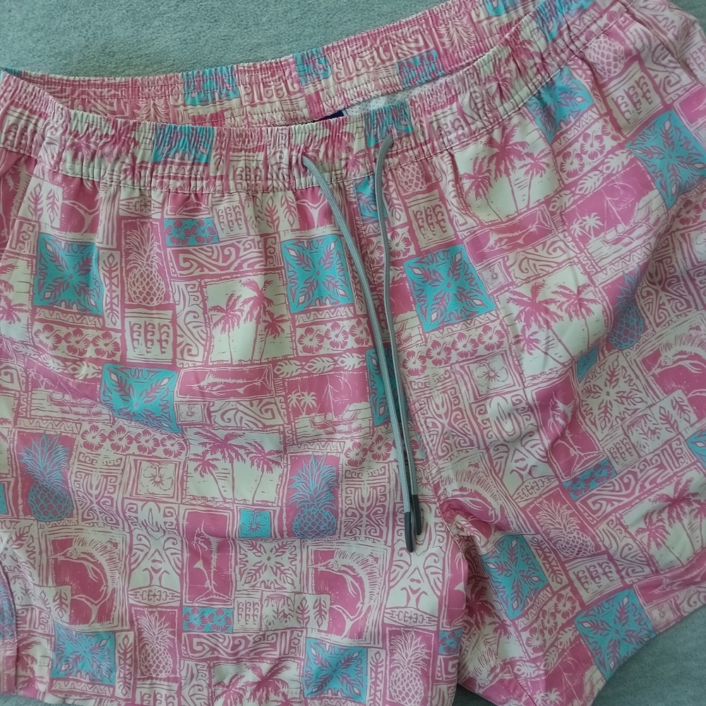 AFTCO Mens Pink Blue Tropical Fish Print Swim Trunks Board Shorts Large